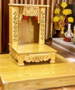 Bộ Bàn Thờ Thần Tài Gỗ Xoan Sứ Men Lam Bát Tràng