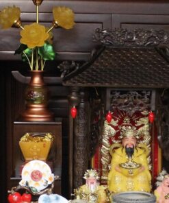 Bộ Ban Thờ Thần Tài Gỗ Gụ Một Mái Chùa Kết Hợp Sứ Men Rạn Vẽ