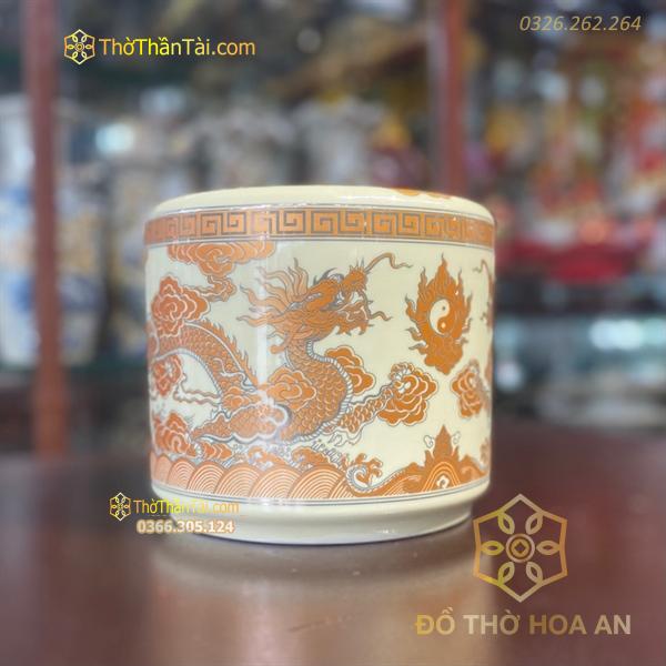 Bát Hương Song Long Chầu Nguyệt Men Vàng Ngà