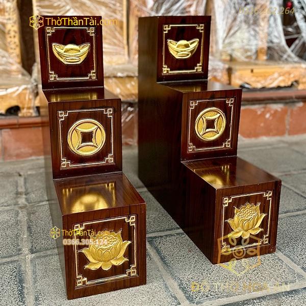 Bục Tam Cấp Bàn Thờ Thần Tài Xoan Vân Đục Dát Vàng