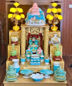 Bộ Ban Thờ Thần Tài Gỗ Xoan Mái Bằng Cột Rồng Màu Vàng Sứ Vân Đá Xanh 02