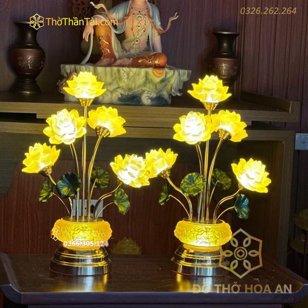 Đèn Thờ Hoa Sen 5 Bông Lưu Ly Thân Lưu Ly Bát Sen