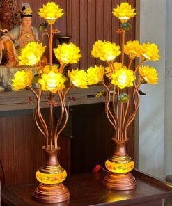 Đèn Thờ Hoa Sen 9 Bông Lưu Ly Thân Ngọc Vàng