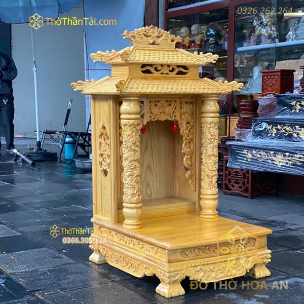 Ban Thờ Thần Tài Cột Rồng Gỗ Xoan Đào 2 Mái Chùa Màu Vàng