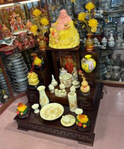 Bộ Đồ Thờ Thần Tài Gỗ Công Nghiệp Sứ Men Vàng Ngà