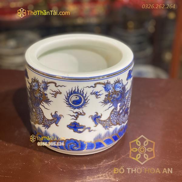 Bát Hương Men Lam Vẽ Vàng 24K