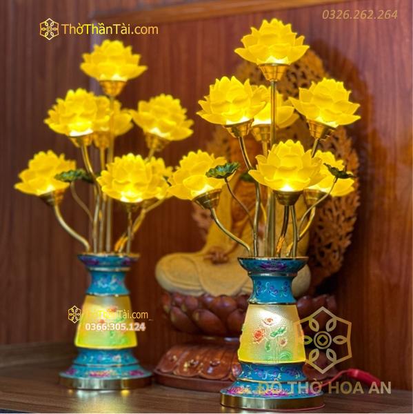 Đèn Thờ Hoa Sen 7 Bông Lưu Ly Gấm Xanh
