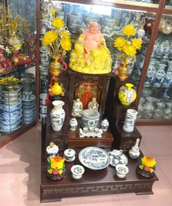 Bộ Đồ Thờ Thần Tài Gỗ Công Nghiệp Sứ Men Rạn Vẽ