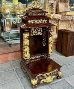 Ban Thờ Thần Tài 3 Mái Gỗ Xoan Cột Rồng Dát Vàng Màu Óc Chó