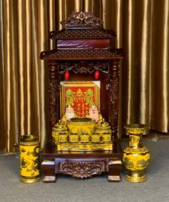 Bộ Ban Thờ Thần Tài Gỗ Xoan 2 Mái Chùa Màu Nâu Sứ Kim Sa