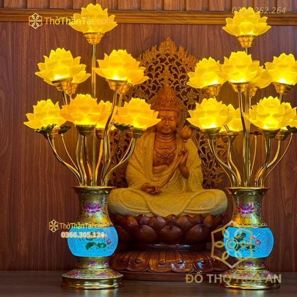Đèn Thờ Hoa Sen 9 Bông Lưu Ly Thân Ngọc Gấm