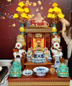Bộ Ban Thờ Thần Tài Hiện Đại Gỗ Sồi Triện Sen Dát Vàng Màu Hương Sứ Men Ngọc