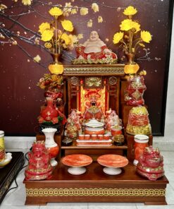Bộ Ban Thờ Thần Tài Hiện Đại Gỗ Sồi Triện Sen Dát Vàng Màu Hương Sứ Vân Đá Đỏ