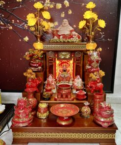 Bộ Ban Thờ Thần Tài Hiện Đại Gỗ Sồi Triện Sen Dát Vàng Màu Hương Sứ Gấm Đỏ