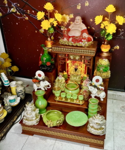 Bộ Ban Thờ Thần Tài Hiện Đại Gỗ Sồi Triện Sen Dát Vàng Màu Hương Lưu Ly Xanh Bọc Đồng